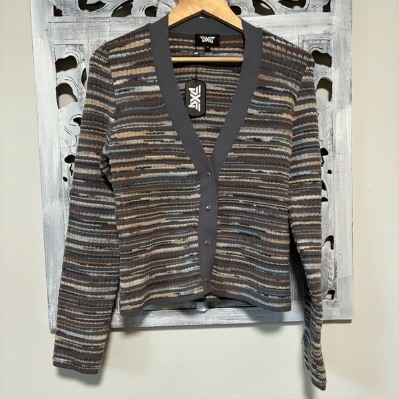 NWT PXG V Neck Snap Front Gray/ Multi Color Knit Stripe Long Sleeve Cardigan XS - Picture 1 of 7
